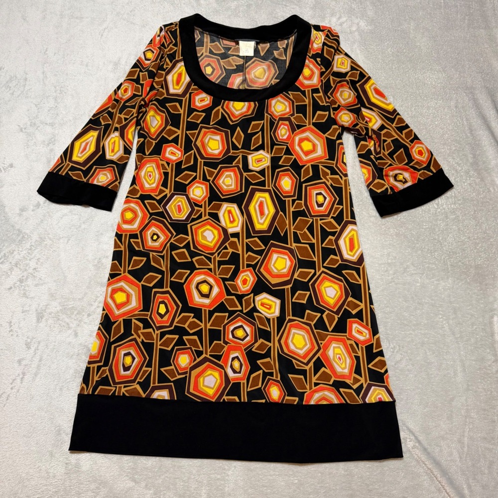 Retro Geometric Floral Shift Dress Black Orange Yellow 3/4 Sleeve Mod Mini